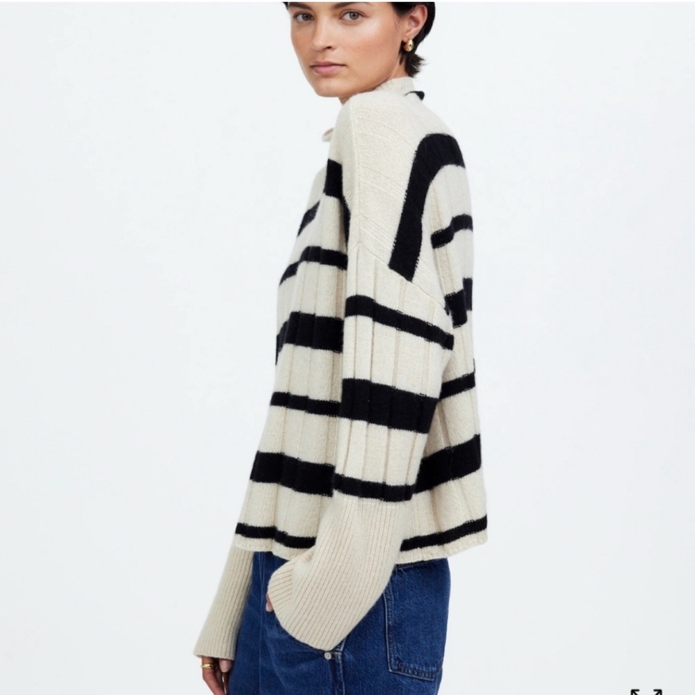 Madewell Ribbed Cashmere-Wool Pullover Sweater Cobalt Blue/Black Stripe Small - Picture 5 of 16